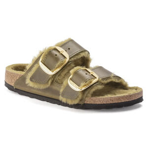 Birkenstock Arizona Big Buckle Shearling Oiled Leather Olive Sandals US6 EU37